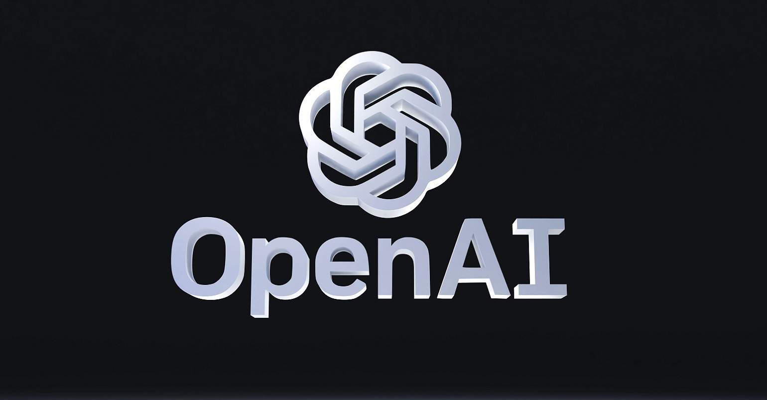 OpenAI logo and font in isometric view on dark background. 3D render.